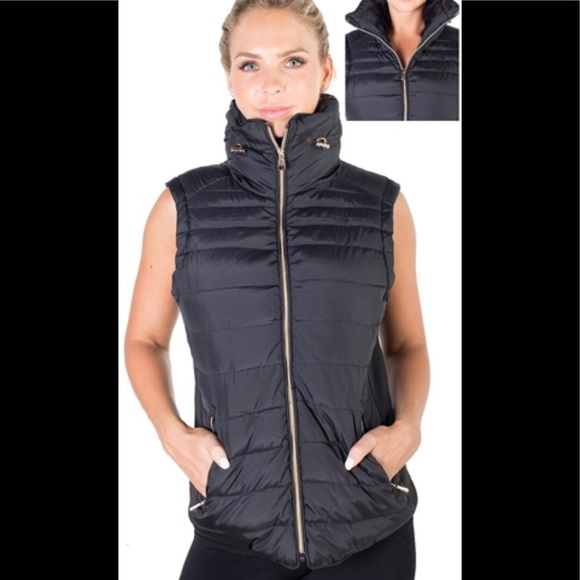 Black High Collar Sleeveless Puff Vest - Picture 2 of 13
